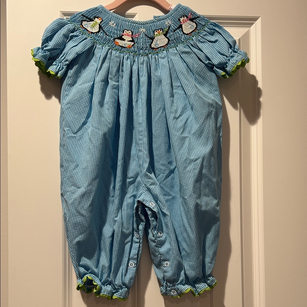EUC Smocked penguin blue gingham baby romper